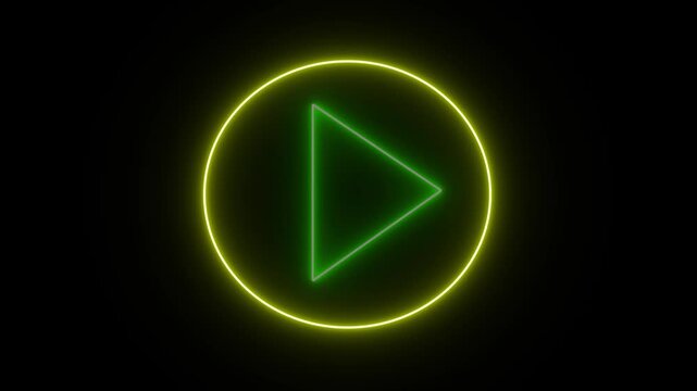 Play button on black background. Start button. Neon glowing play button. Neon glowing play button with neon circle.