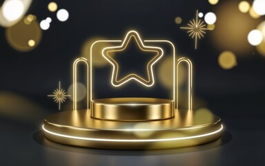 A golden, glowing empty podium with a star surrounded by sparkling lights, creating a festive and celebratory atmosphere. Perfect for event promotions, award ceremonies, and festive celebrations
