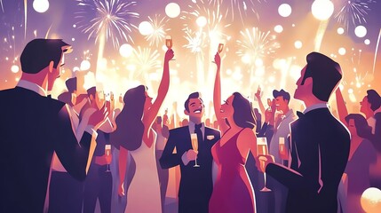 a 2D cartoon illustration of a New Year's Eve party with fireworks, festive and joyful, white background--ar 16:9