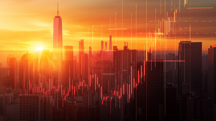 夕暮れの都市と重なる株式市場のデータ