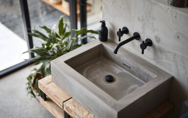 Modern minimalist bathroom sink featuring a rectangular concrete basin with sleek black wall-mounted faucets. Ideal for use in home improvement brands and advertising sustainable bathroom products