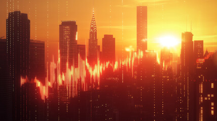 夕暮れの都市と重なる株式市場のデータ