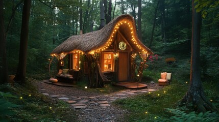 tiny house with a thatched roof, surrounded by fairy lights in a dense forest