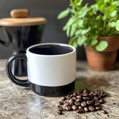 Fototapeta premium coffee cup, white out side , black inside, handle black, on a kichten counter, one plant, two are three coffee beans, wood, generative ai