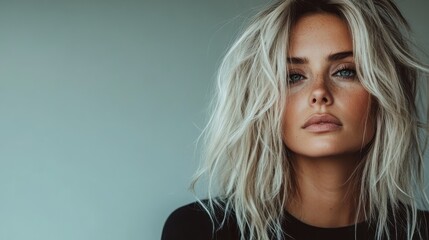 An edgy and modern portrait showcasing a woman with a tousled blonde hairstyle, highlighting a confident and rebellious vibe with minimalistic background.
