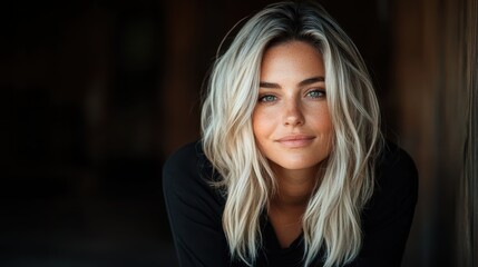 Fototapeta premium A striking portrait of a woman with wavy blonde hair and a confident expression, captured in a dimly lit indoor setting, emphasizing sophistication and style.