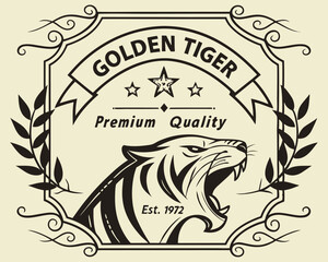 Vintage label with a seal and a tiger in a linear style
