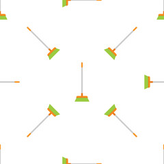 Seamless pattern of green brooms with orange handle on white background, perfect for cleaning and housekeeping themes