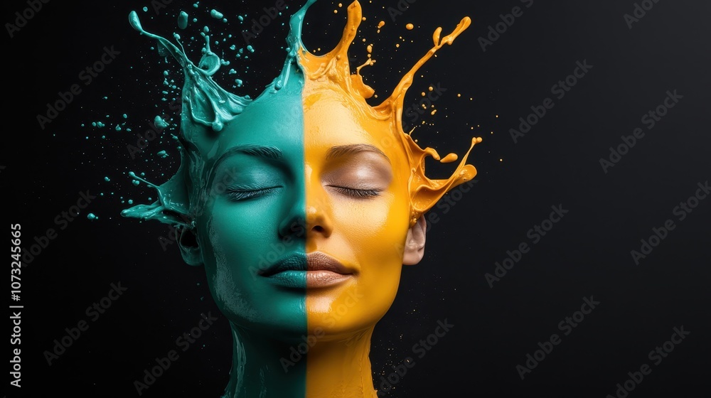 Poster symmetrical face split by a teal and orange splash, showcasing a profound visual impact representing