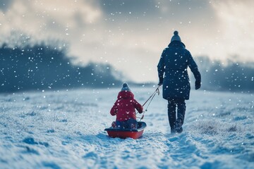 A snowy landscape featuring a parent pulling a child on a sled. The scene captures the joy of winter exploration. Perfect for seasonal themes. Generative AI