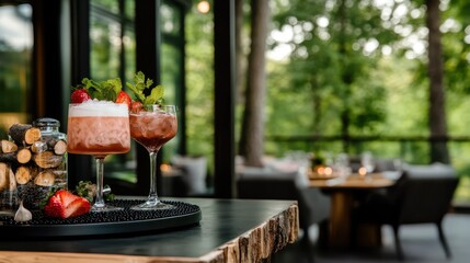 Two stylishly crafted cocktails are presented elegantly on a high-top table in a nature-themed restaurant, with a scenic backdrop of lush greenery enhancing the view.