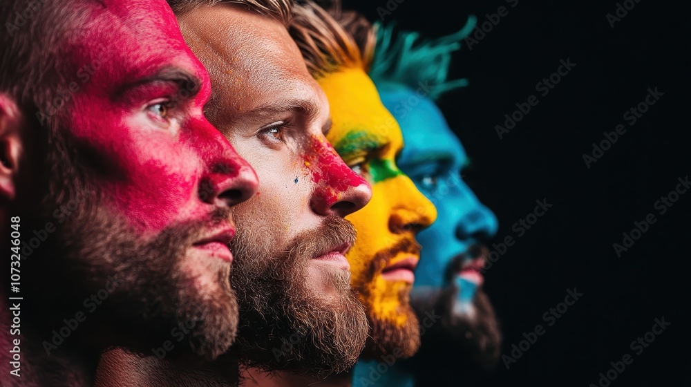 Poster profile view of four men with impressive multicolored painted faces, each displaying a different bol