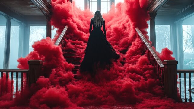 A gothic figure in flowing black attire ascends grand stairs, enshrouded in dramatic red smoke, evoking a sense of mystery and timeless elegance. - Powered by Adobe