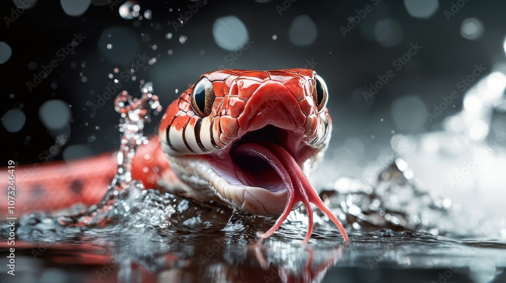 Poster a lively snake with bold red markings emerges powerfully from the water, crafting a striking display