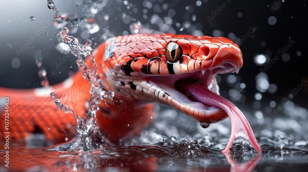 Poster a striking snake with vivid red scales slices through sparkling water, creating dynamic splashes. th