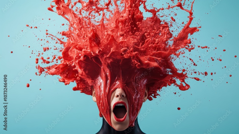 Poster a woman's face is enveloped in a fiery explosion of red liquid, creating a dramatic and surreal imag