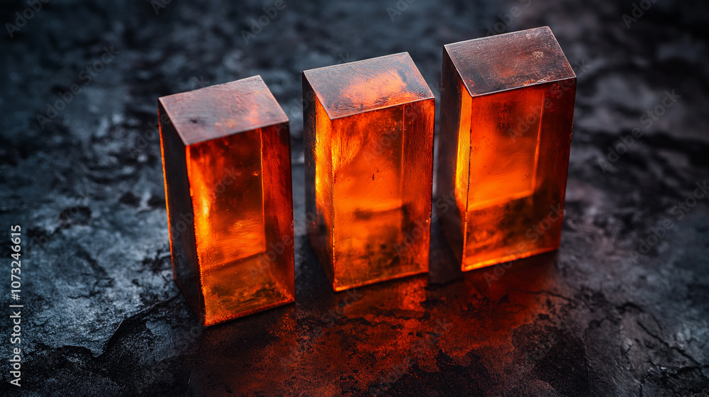 Poster photograph of three rectangular orange glass bars on dark surface, showcasing their vibrant color an