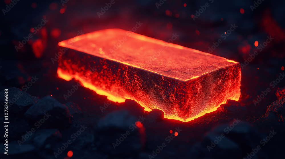 Poster glowing red hot rectangular steel bar rests on dark surface, radiating intense heat and light. surro