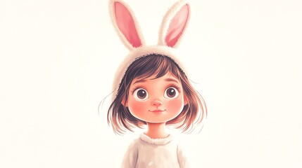 a 2D cartoon illustration of a child wearing bunny ears during Easter, cute and festive, white background--ar 16:9