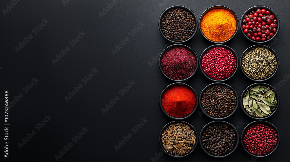 Poster Colorful spices arranged in small bowls on dark background create engaging visual display. vibrant hues and textures evoke sense of culinary adventure and flavor exploration