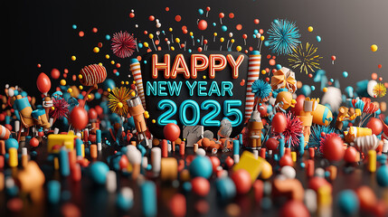 Happy New Year 2025 celebration with colorful decorations, confetti, and festive elements creating joyful atmosphere