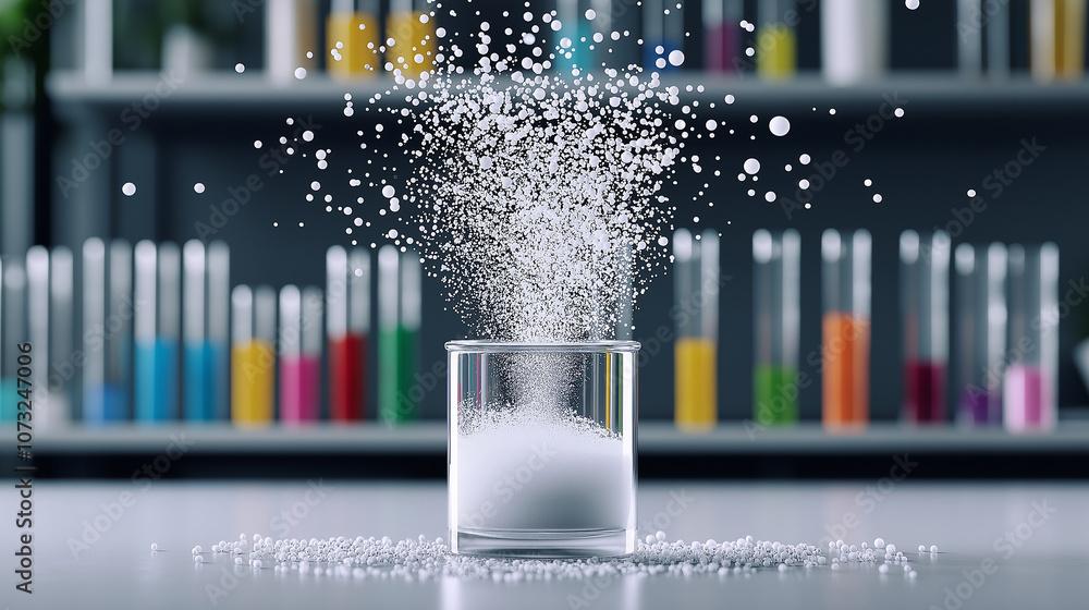 Poster liquid nitrogen pouring into glass, creating dramatic cloud of vapor and bubbles, surrounded by colo