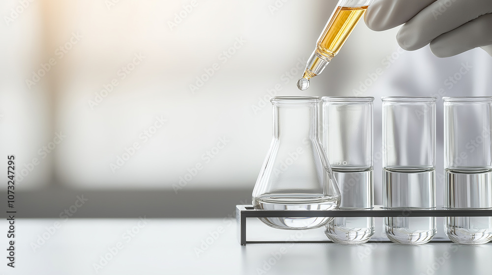 Aufkleber Laboratory setup with hand holding dropper, adding liquid to glassware. clean and organized environment showcases advanced tools for scientific experiments