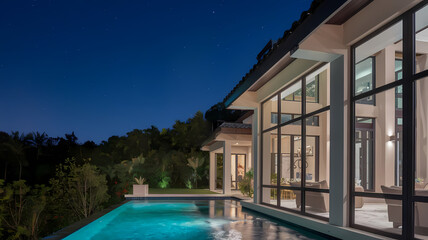 Fototapeta premium Modern luxury villa at night with a sparkling pool and lush surroundings, showcasing sleek architecture and serene ambiance.