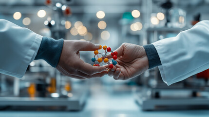 Close up of scientist hands exchanging colorful molecular model, showcasing collaboration in research and innovation. laboratory setting enhances scientific atmosphere