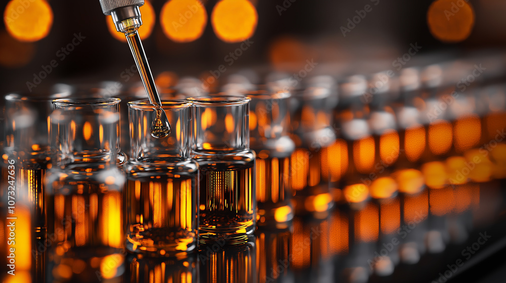 Aufkleber close up of pipettes and test tubes with amber liquid, showcasing chemist precision in laboratory se