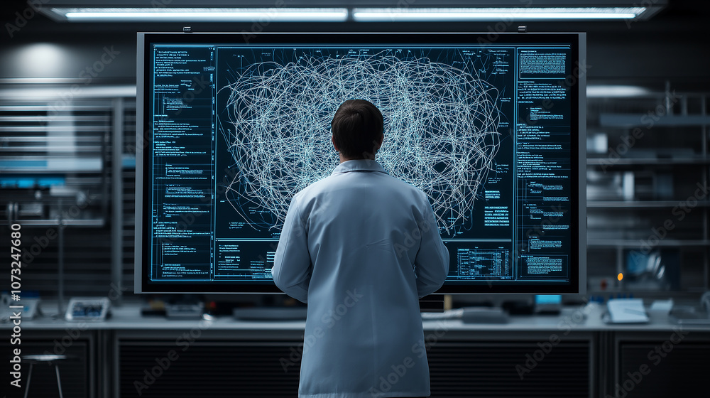Poster physicist analyzing complex data on large screen in lab. atmosphere is focused and intense, showcasing intricacies of energy dynamics and scientific research