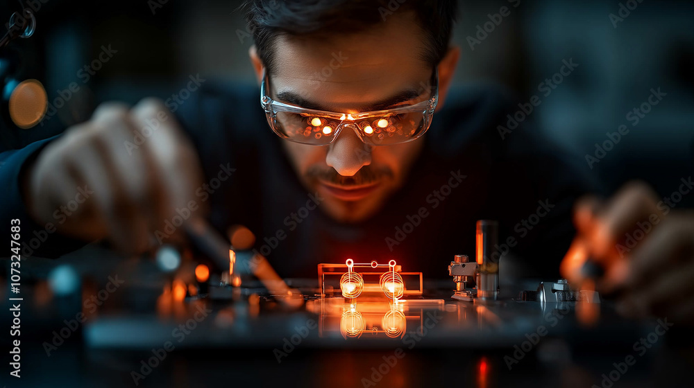 Fototapete focused physicist working on energy dynamics with precision tools and glowing components, showcasing innovation and expertise