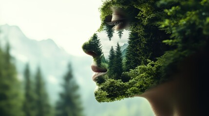 A tranquil blend of a woman's serene facial profile intertwined with lush green forest imagery, conveying a connection between nature and humanity.