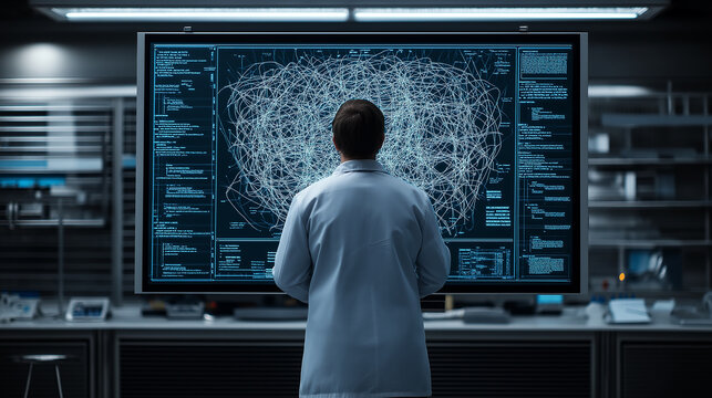 physicist analyzing complex data on large screen in lab. atmosphere is focused and intense, showcasing intricacies of energy dynamics and scientific research - Powered by Adobe