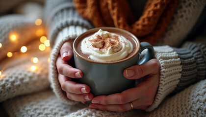 Cozy hands holding a warm mug of hot chocolate with whipped cream, surrounded by soft blankets and festive lights, perfect for winter comfort.