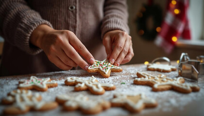 Hands arranging Christmas cookies on a baking sheet in a festive kitchen, embodying the warmth of holiday traditions.