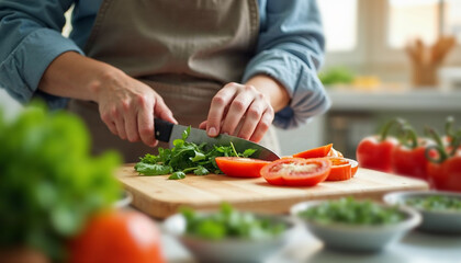 Person chopping fresh vegetables on a wooden cutting board in a bright kitchen, preparing a healthy meal with tomatoes and greens.