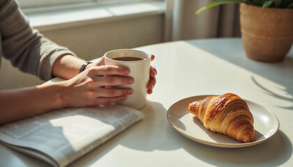 Morning scene with hands holding a coffee cup next to a croissant and newspaper, symbolizing a relaxed start to the day.