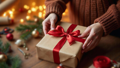 A person wrapping a Christmas gift with a red ribbon, surrounded by festive decorations, capturing the joy of holiday preparation.