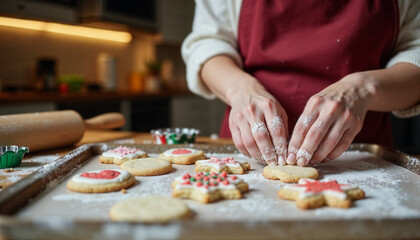 Hands decorating Christmas cookies with icing and sprinkles, set in a cozy kitchen environment filled with holiday spirit.