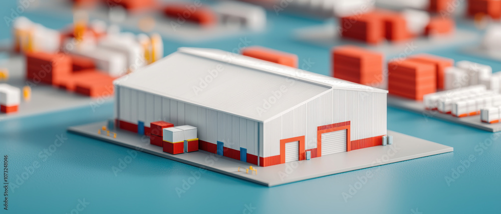Poster a detailed miniature model of a warehouse surrounded by container stacks, showcasing a vibrant color