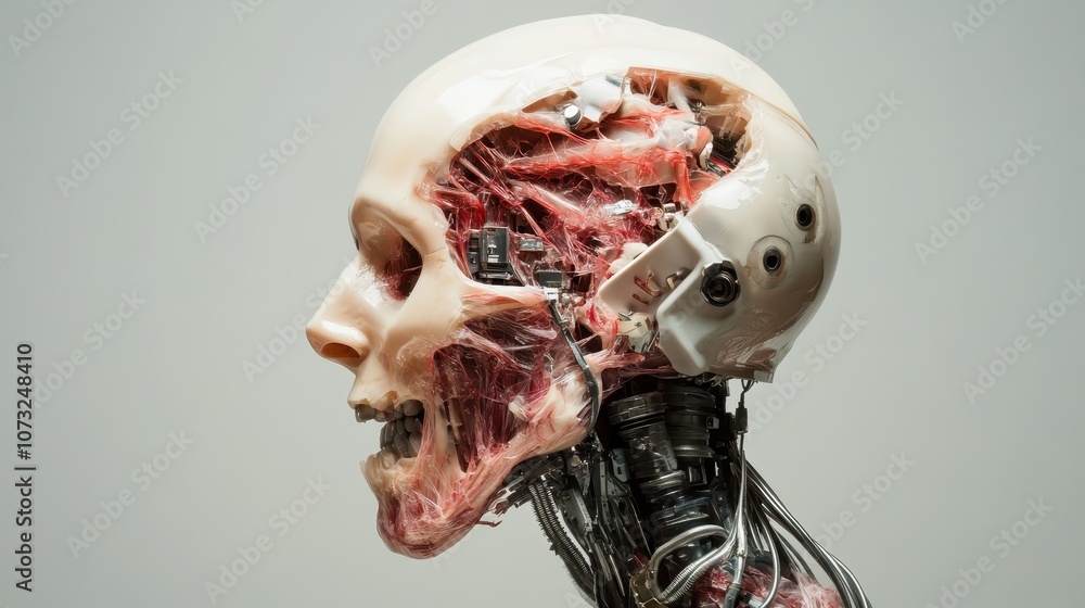 Poster a striking futuristic skull image showcasing exposed transparent layers and intricate mechanical com