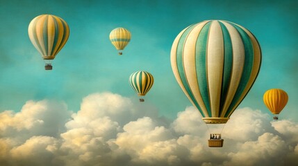 Fototapeta premium Hot air balloons float gracefully above fluffy clouds in a serene sky, AI