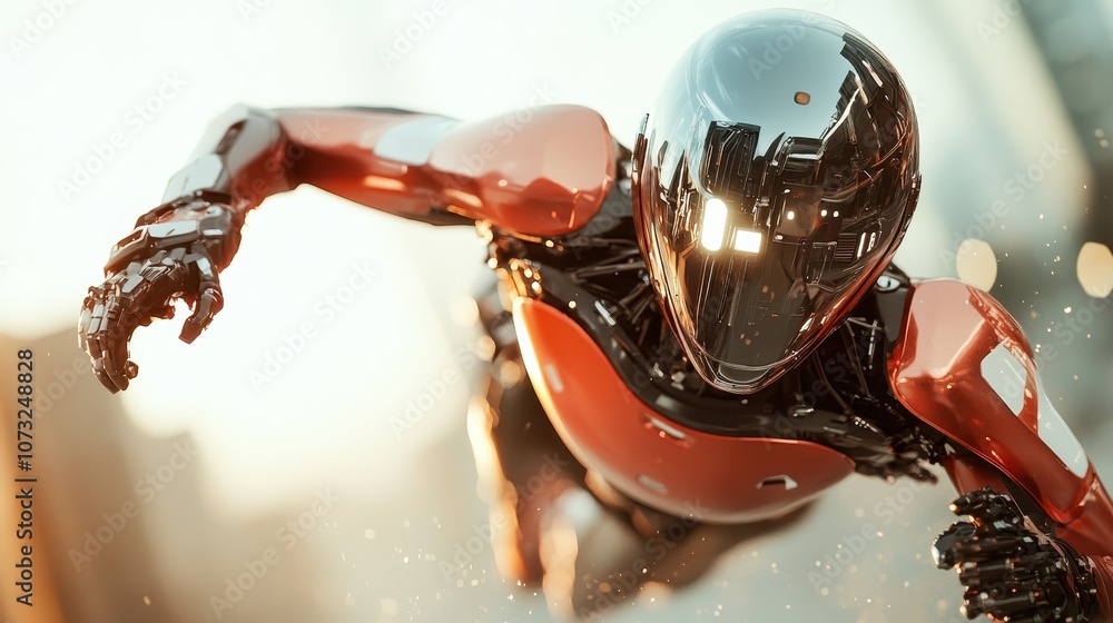 Poster a dynamic robot in red armor flies through the air, showcasing a futuristic design with sleek lines 