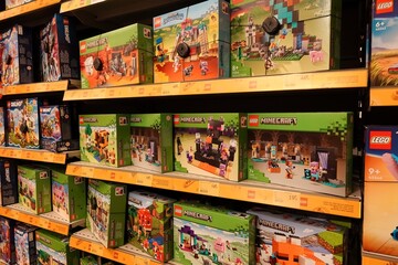 Naklejka premium Rayon de jeux LEGO Minecraft exposés dans un magasin King Jouet à Paris