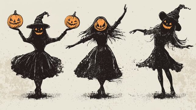 Witches dancing at a Halloween party a Women in witch costume. Black silhouette Hand drawn cartoon style vector flat illustration isolated on white background.