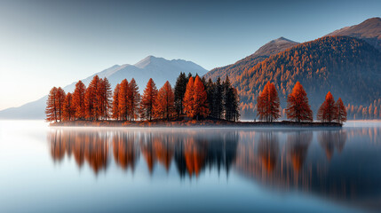 Fototapeta premium serene early morning lake scene featuring fog over calm water, surrounded by vibrant autumn trees reflecting on surface. mountains in background add to tranquil atmosphere