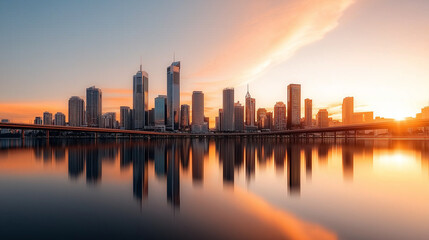 Obraz premium stunning sunset view of modern city skyline reflected in river, showcasing tall buildings and vibrant sky. scene evokes tranquility and beauty