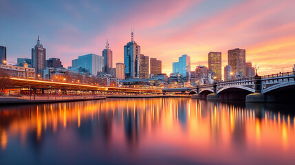 Fototapeta premium Melbourne skyline at sunset with modern bridge over river, reflecting vibrant colors in water. stunning urban landscape showcasing city lights and architecture