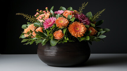 Obraz premium vibrant floral arrangement featuring orange roses, pink gerbera daisies, and lush greenery in dark, textured vase creates cheerful and inviting atmosphere